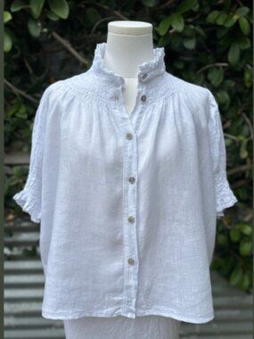 100% Lino Short Sleeve Smocked Linen Blouse